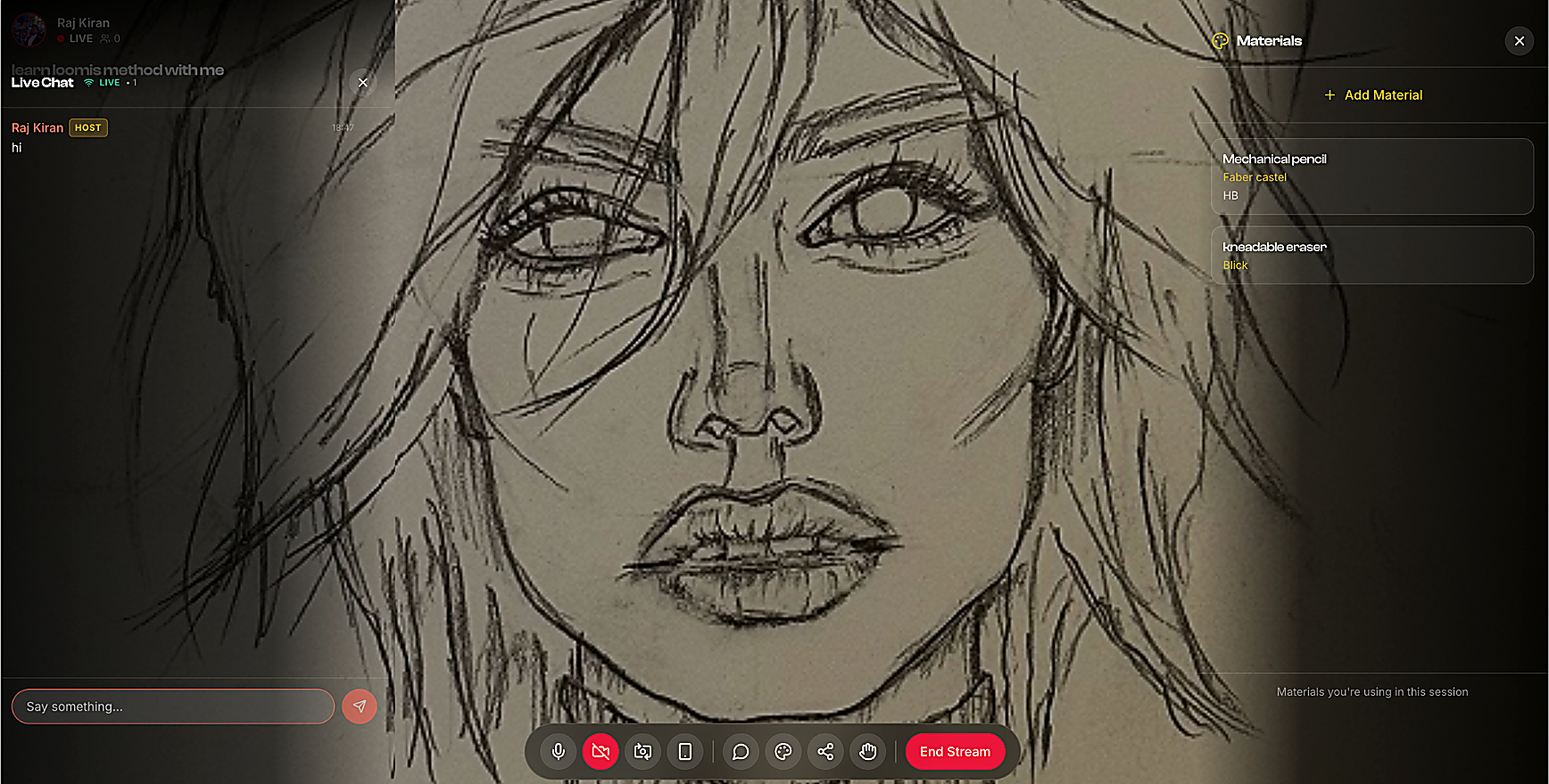 Live Exhiby studio session — artist drawing with live chat and materials panel